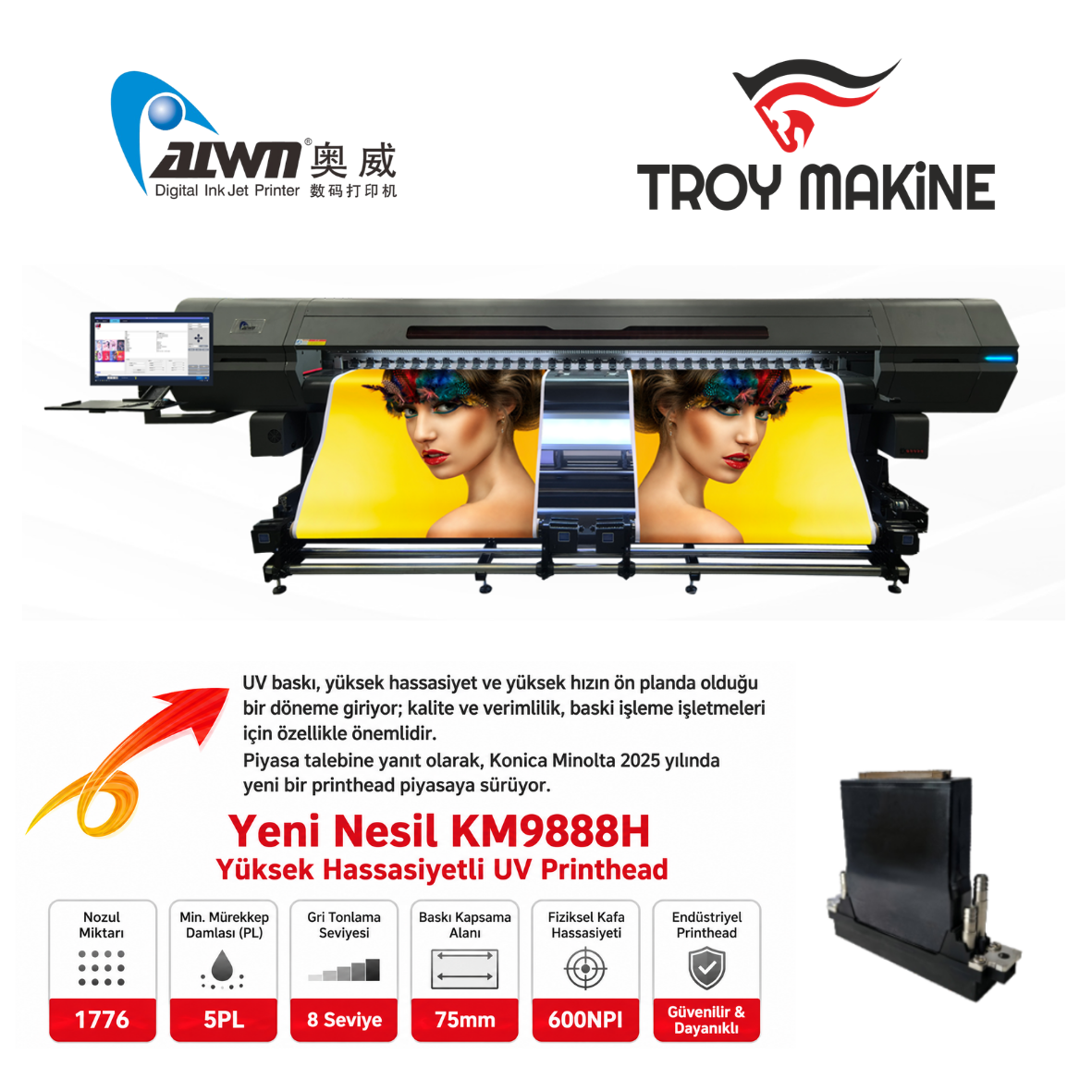 Alwin 320cm KONİCA KM9888H Kafa Led UV Baskı Makine